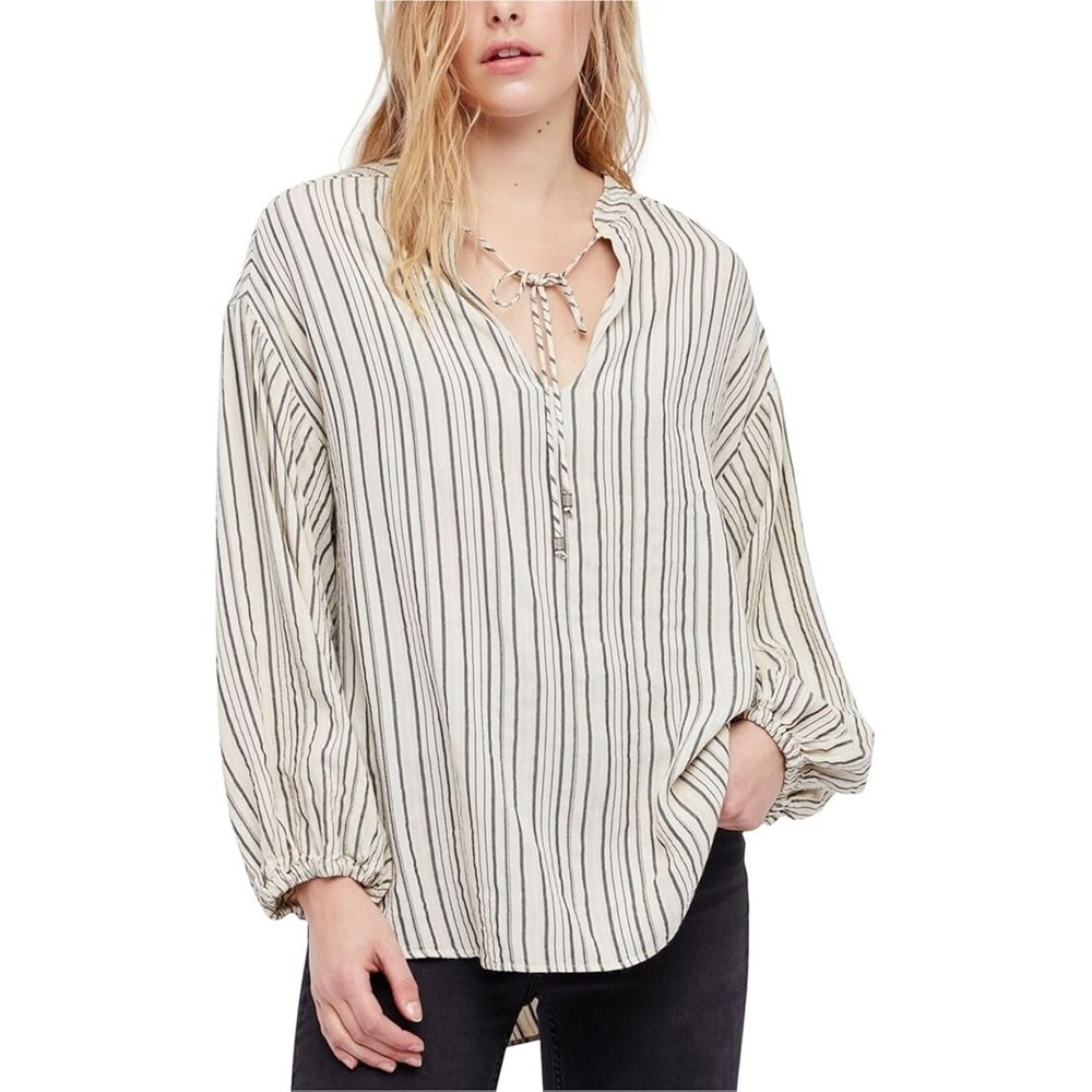 Free People Blouse Womens XS Ivory Striped Tunic Bishop Sleeves Shirt